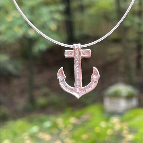 Sparkling Solid Sterling Silver and CZ Nautical Anchor Pendant - Picture 4 of 5